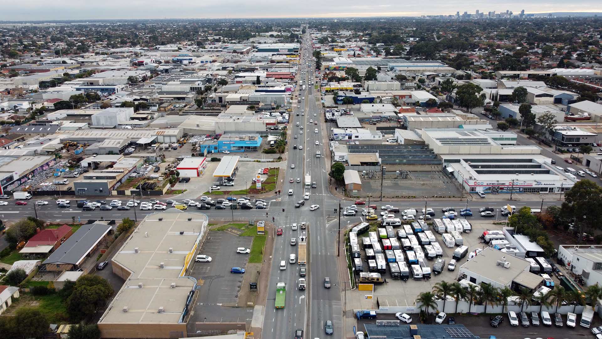Aerial view of Daws Road / South Road intersection.